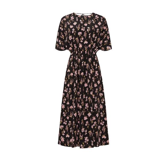 Les Reveries Black Floral Printed Short Sleeve A-Line Silk Midi Dress Size 4 - Picture 5 of 14